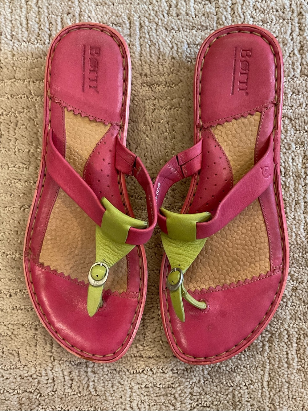 💕🌿 Born Leather Toe-Post Sandals Pink Lime Green Comfort Size 8 EU 39 Boho Y2K